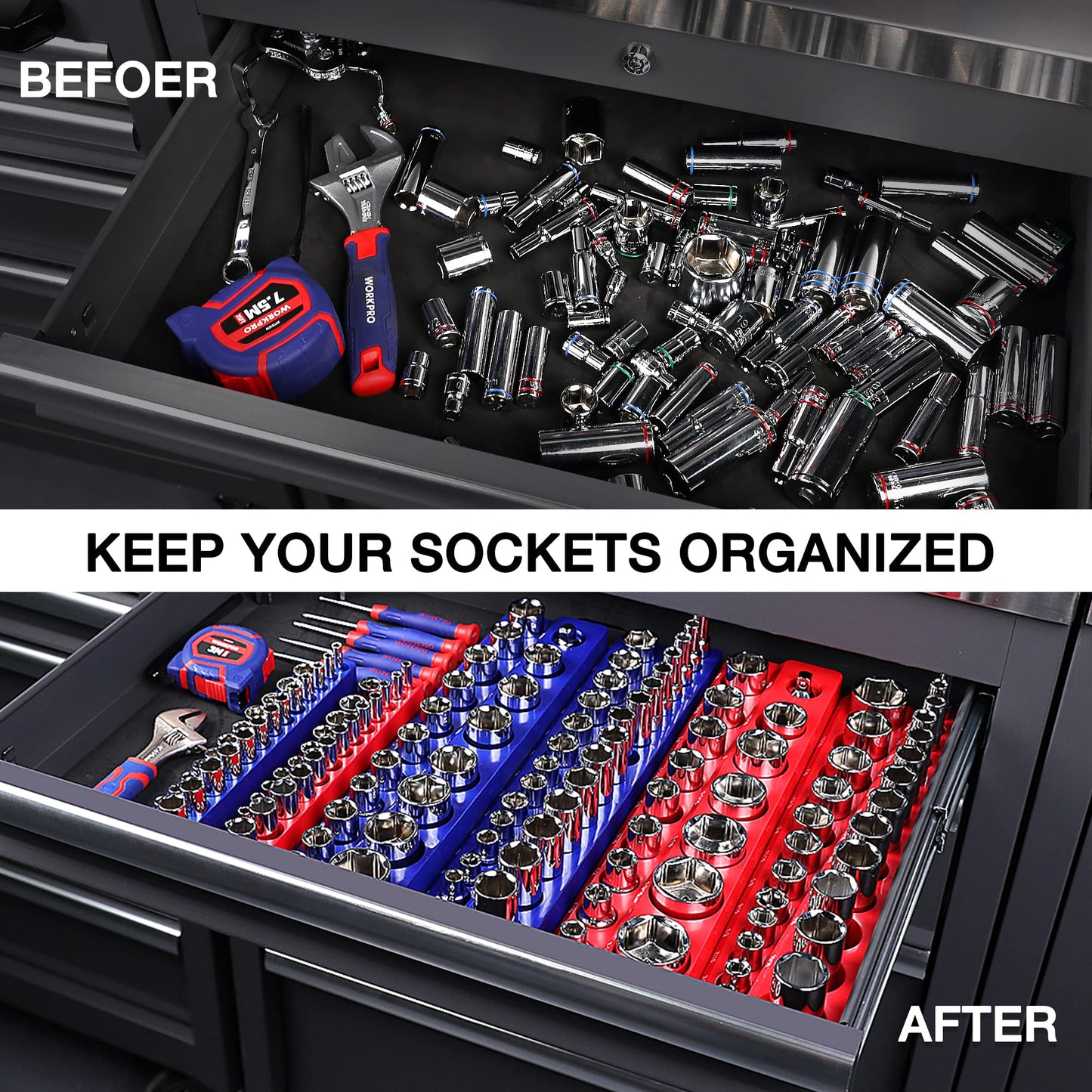 WORKPRO Magnetic Socket Organizer Set, 6-Piece Socket Holder Set Includes 1/4", 3/8", 1/2" Drive Metric SAE Socket Trays, Holds 143 Pieces Sockets, Christmas Gift for Men(Socket not Included)