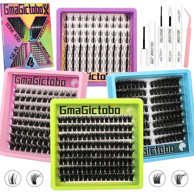 Lash Clusters Kit Natural Wispy Lash Clusters C/D Curl 424Pcs Volume Individual Lashes Clusters Manga Lashes Cat Eye Lashes Pack Lash Bond and Seal Lash Remover Lash Tweezers