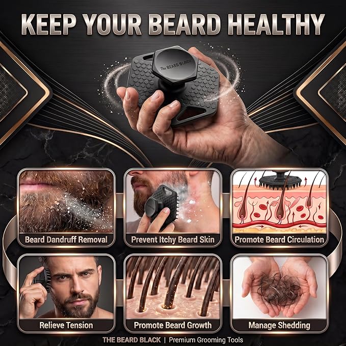 The BEARD BLACK Silicone Beard Scrubber - Deep Cleansing Beard Brush for Men - Manual Exfoliating Face Scrubber for Beardruff & Flake Removal - Soft Touch Grooming Tool for Shower & Travel