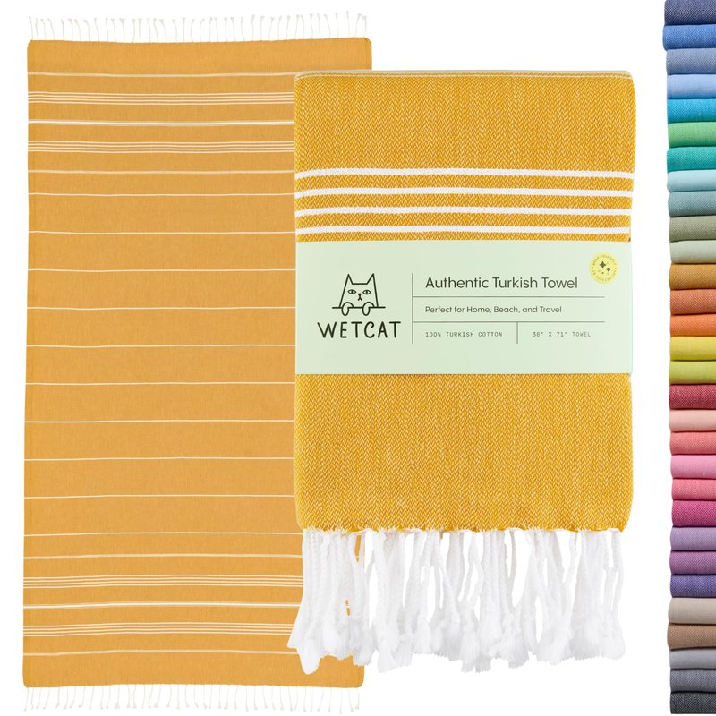 WETCAT Turkish Beach Towel Oversized (38"x71") 100% Turkish Cotton, Made in Turkey - Sand Free, Extra Large, Ultra Soft, Quick Drying, Compact & Lightweight for Travel - Honey Gold