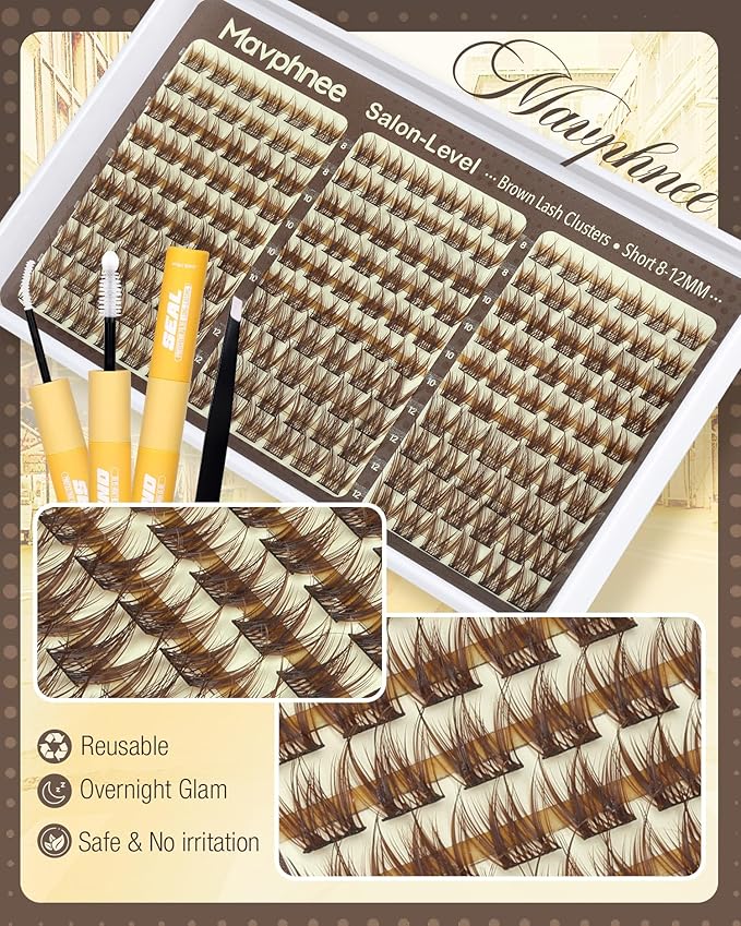 8-12MM Brown Lash Clusters Kit Natural Eyelash Clusters Wispy Cluster Eyelash Extensions Kit Fluffy Individual Lash Extensions with Bond and Seal for Soft Glam (180Pcs, C Curve)