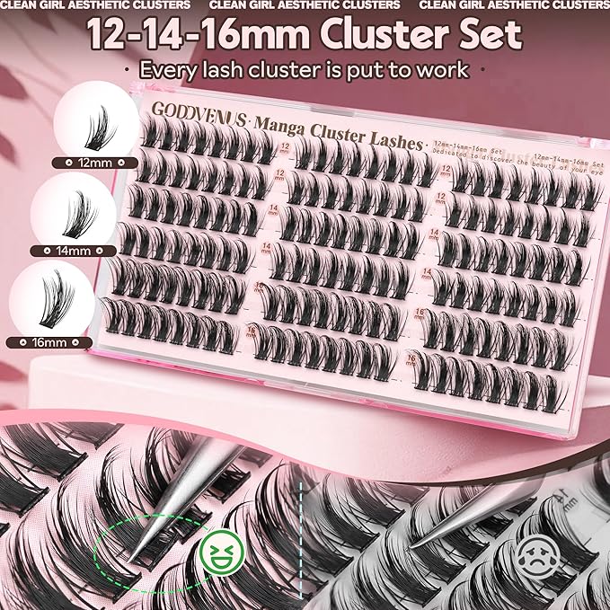 Goddvenus Manga Lash Clusters 12-14-16mm Natural Wispy Fairy Eyelash Clusters 144pcs Fluffy Cluster Eyelash Extensions Anime Cosplay No Plastic Feel Individual Lash Extension CC Curve