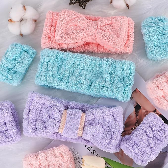 9 Pcs Spa Headband for Washing Face,Skincare Headband and Wristband Set,Women Teen Girls Facial Hairbands for Washing Face, Makeup, Sports, Yoga (light purple + orange pink + turquoise)