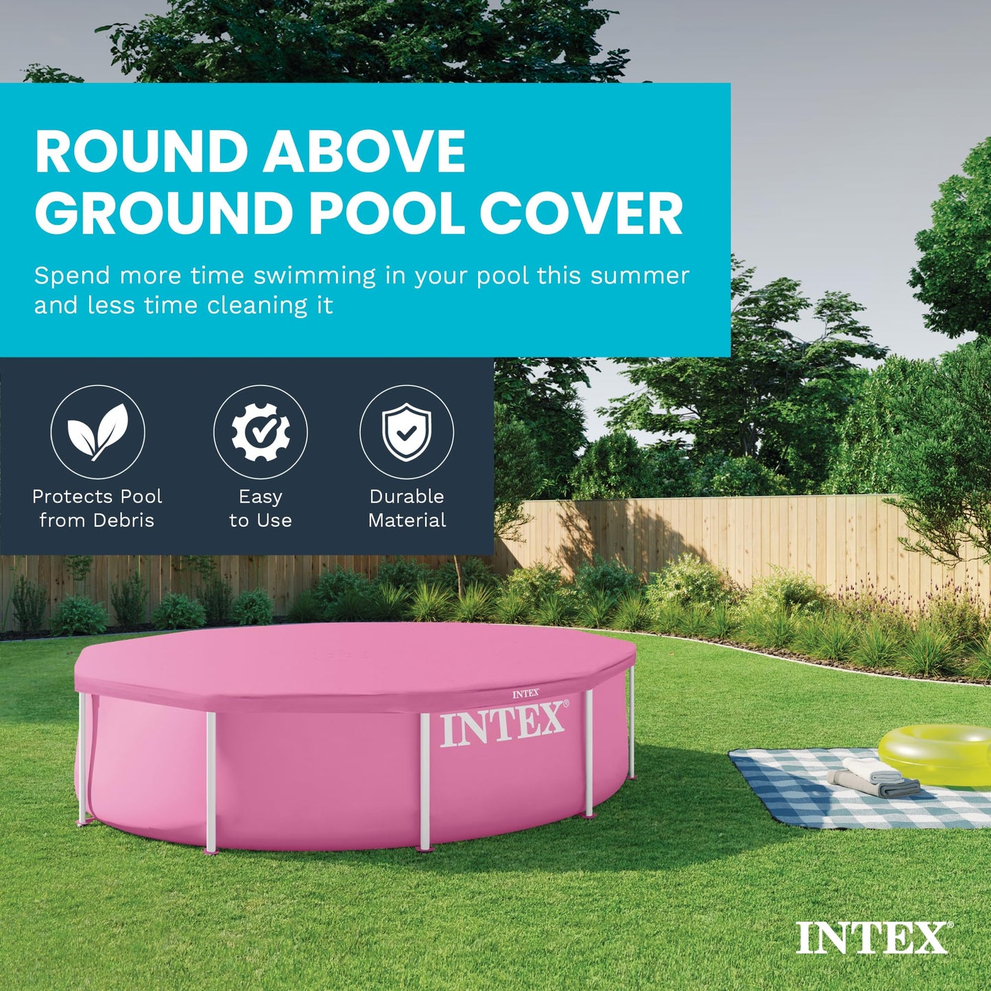 INTEX 28034E Pool Cover: For 10ft Round Metal Frame Pools – Includes Rope Tie – Drain Holes – 10in Overhang – Snug Fit