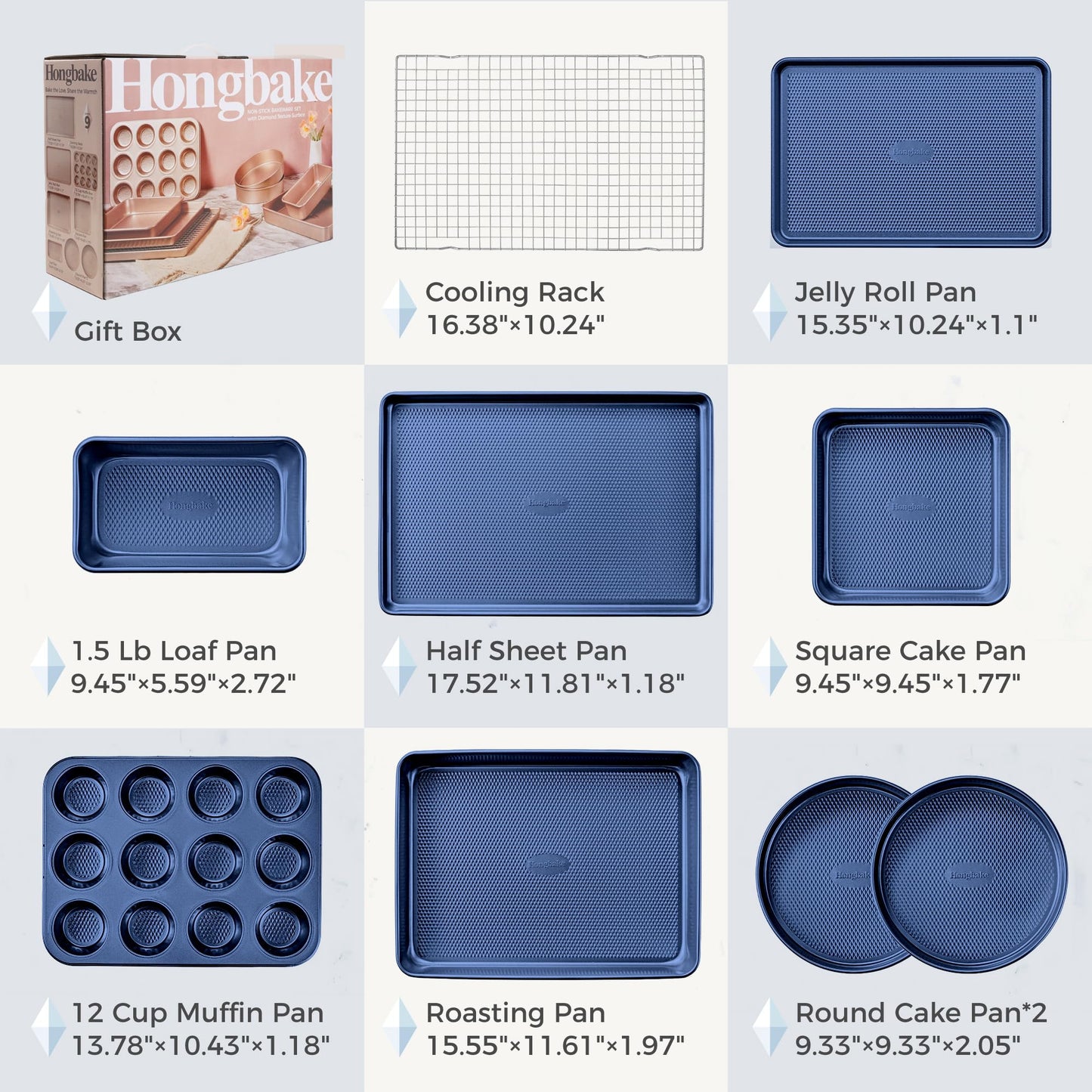 HONGBAKE 9-Piece Baking Pans Set Nonstick, Stackable Non Toxic Bakeware Sets with Diamond Texture, Oven Pan Set for Cooking, Includes Cookie Sheet with Rack, Cake Pan, Roasting Pan, Muffin Tin, Blue