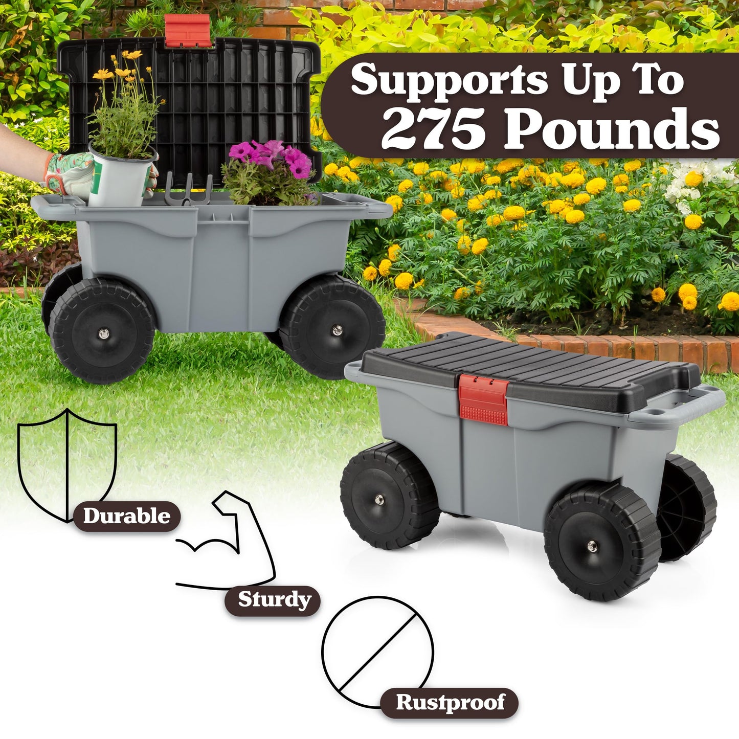 Pure Garden Rolling Garden Cart with Seat - Plastic Storage with Bench and Interior Tool Tray - Gardening Stool for Weeding and Planting (Gray)