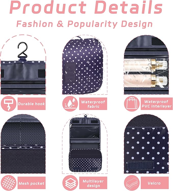Toiletry Bag Travel Bag with Hanging Hook, Waterproof Capacity Hanging Multifunctional Makeup Bag for Toiletries, Portable Cosmetic Bag Travel Organizer for Women and Men(Navy Dot)