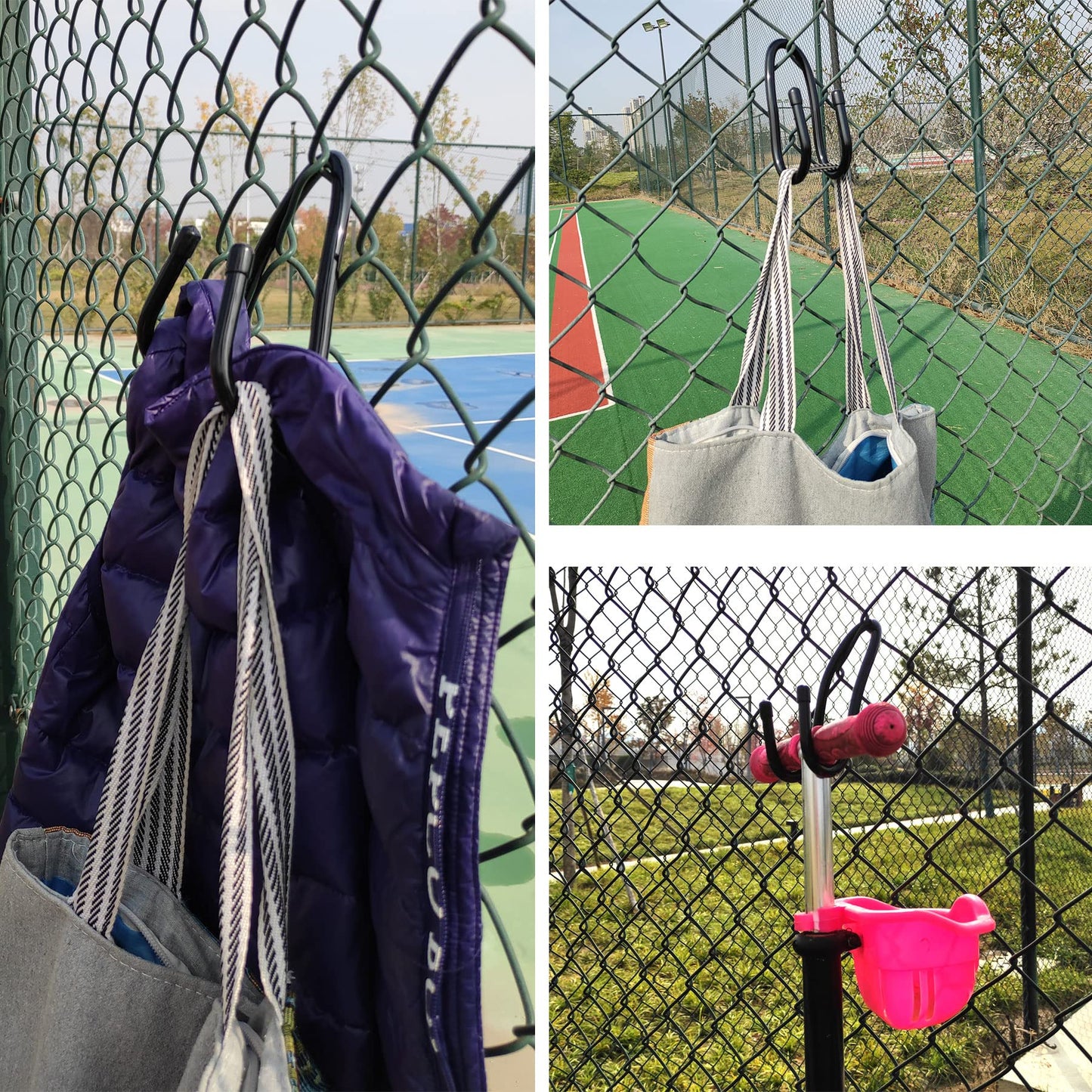 RUZUO 6PCS Chain Link Fence Hooks, Fence Hangers for Leaf Rakes, Pool Poles,Nets,Brushes,Skimmers,Vacuum Hoses etc, Hooks for Chain Link Fence, Black