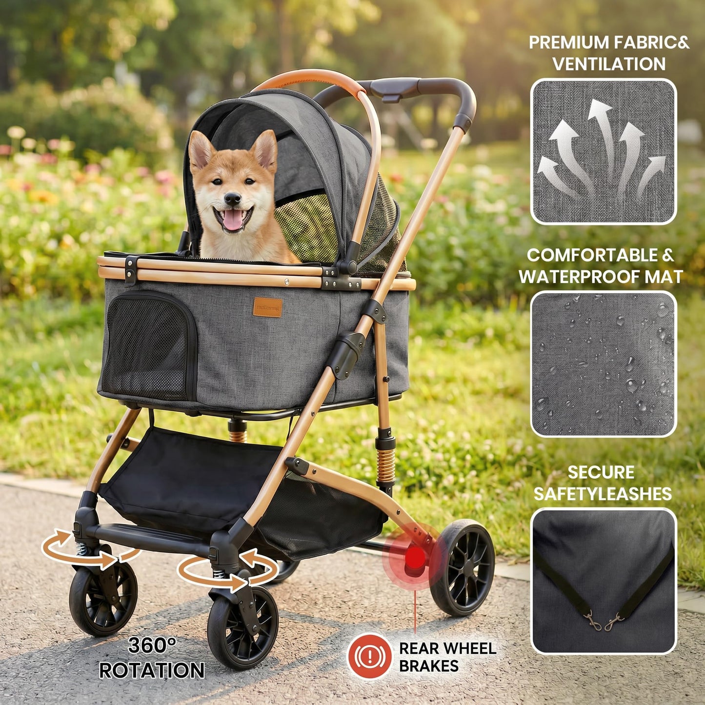 Ioboneed 3-in-1 Dog Stroller with Rain Cover, Quick Foldable, Detachable Carrier & Car Seat, for Medium Dogs Cats Up to 50 lbs, Anti-Shock Solid Rubber Wheels, Grey