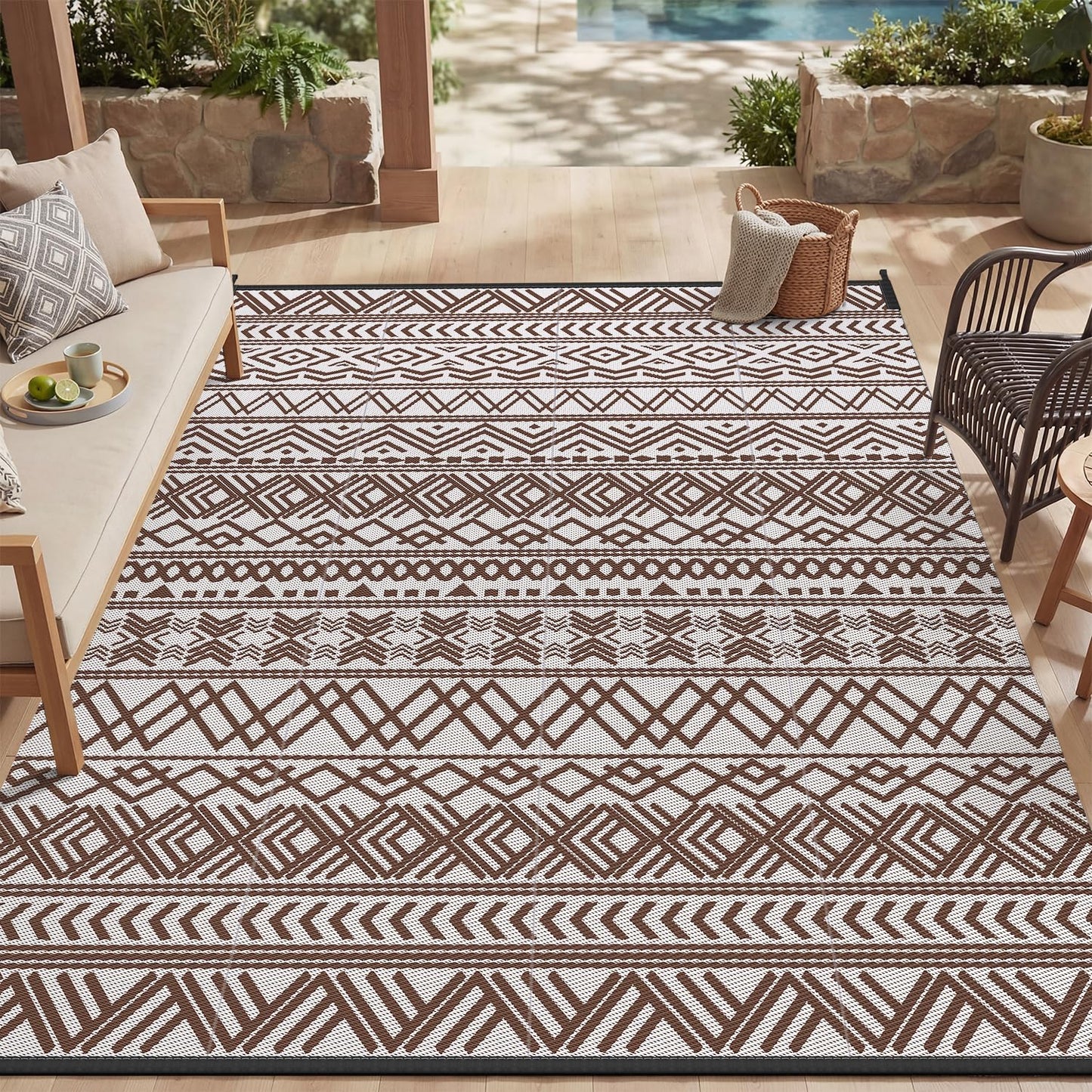 MontVoo-Outdoor Rug Carpet Waterproof 6x9 ft Reversible Patio Rug RV Camping Rug-Plastic Straw Rug Outside Indoor Outdoor Area Rug for Patio Deck Balcony Picnic Beach Outdoor Decor Boho Beige Brown