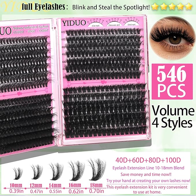 YIDUO 1846Pcs Lash Clusters Kit with Spikes+Bottom Cluster Lashes Kit Mix Styles 10-18mm Volume D Curly Wispy Soft DIY Individual Eyelash Extension Kit with Glue pestañas postizas Wholesale Large Pack