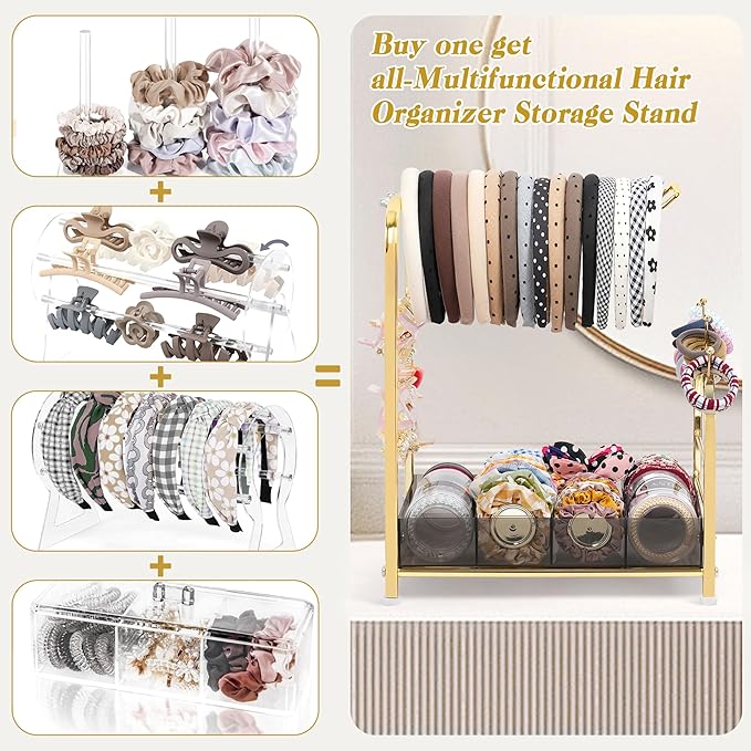 Keebofly Acrylic Hair Accessories Organizer, Versatile Headband Holder Stand for Scrunchies, Bows, Claw Clips, Hair Tie, Compact Hair Organizer Storage for Girls, Women, Babies, Amber & Gold-Plated