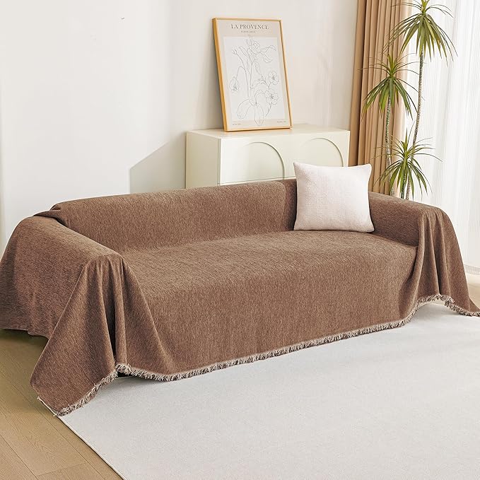 MYSKY HOME Boho Couch Cover Camel Sofa Covers with White Tassel Farmhouse Sofa Slipcover Simple Couch Protector for Dogs Chenille Sectional Couch Covers L Shaped Couch Cushion Covers, 91"x 134"
