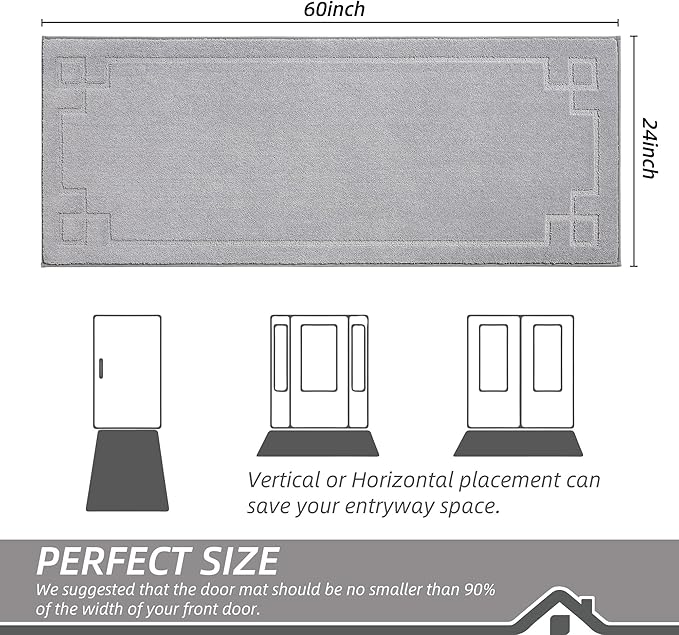 BEQHAUSE Door Mat 24" x 60", Non-Slip Door Mats Indoor Entryway Rugs Washable Low-Profile Absorbent and Stain Resist Floor Mats, Dog Door Mat for Front Back Door, Mud Wet Shoes & Paws, Light Grey