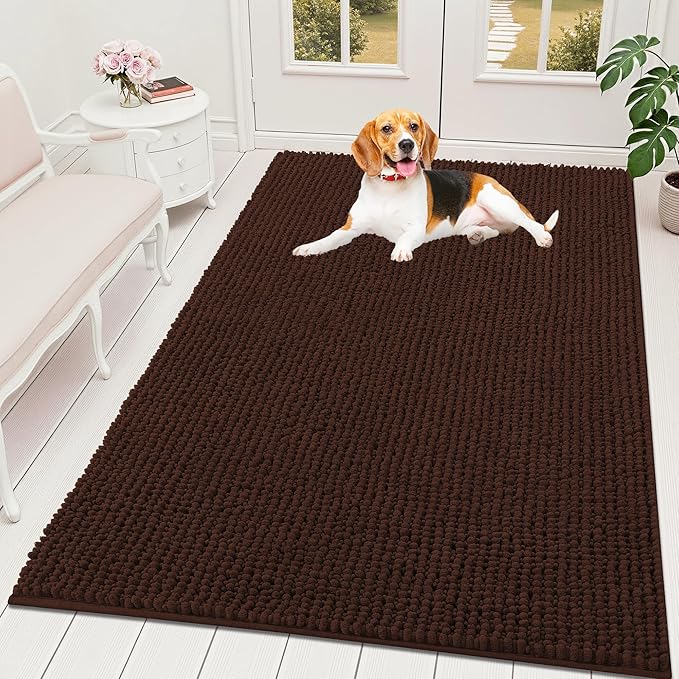 OLANLY Dog Door Mat for Muddy Paws 59x35, Ultra Absorbent Chenille Mud Doormat, Non-Slip Washable and Dirt Trapping Doormat for Indoor Entryway, Quick-Dry Indoor Pet Bed Mats for Dogs, Brown