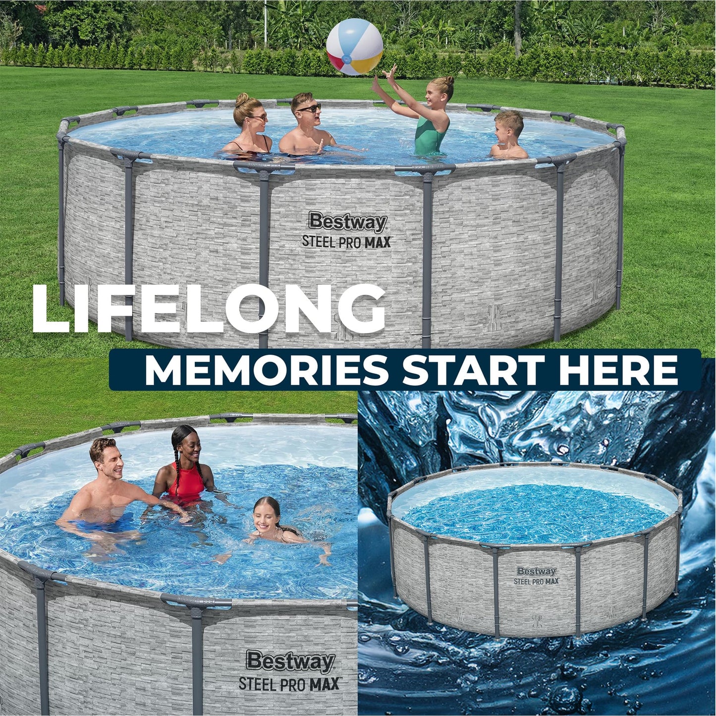 Bestway Steel Pro MAX 14' x 48" Above Ground Pool, Round Metal Frame Outdoor Swimming Pool Set with Filter Pump, Ladder, and Cover, Gray Stone Print