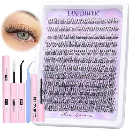 Lash Extension Kit Natural Lash Clusters Kit Wispy Eyelash Extension kit with Lash Bond and Seal and Lash Remover Eyelash Clusters Kit C Curved Individual Lashes by Lanflower