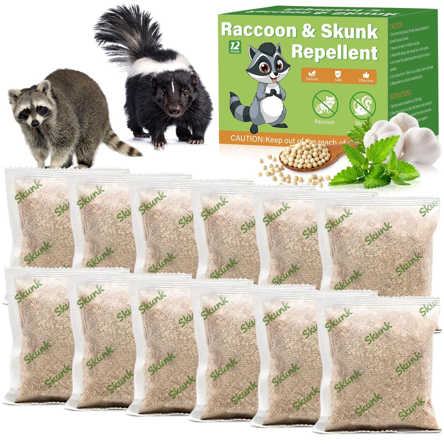 12 Pack Peppermint Skunk Repellent Pouches, Natural Raccoon Repellent Pouch Keep Skunks Out from Outdoor Yard Attic Garden House, Long-Lasting Protection, Safe for Dogs and Children
