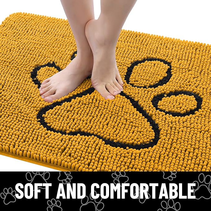 Smiry Dog Door Mat for Muddy Paws, Absorbent Dirt Trapper Non Slip Quick Dry Washable Chenille Mat for Mud Dogs, Entry Rug for Indoor and Outdoor (36x24 Inches, Golden Yellow and Black)