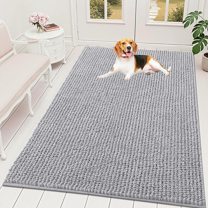 OLANLY Dog Door Mat for Muddy Paws 70x46, Ultra Absorbent Chenille Mud Doormat, Non-Slip Washable and Dirt Trapping Doormat for Indoor Entryway, Quick-Dry Indoor Pet Bed Mats for Dogs, Light Grey