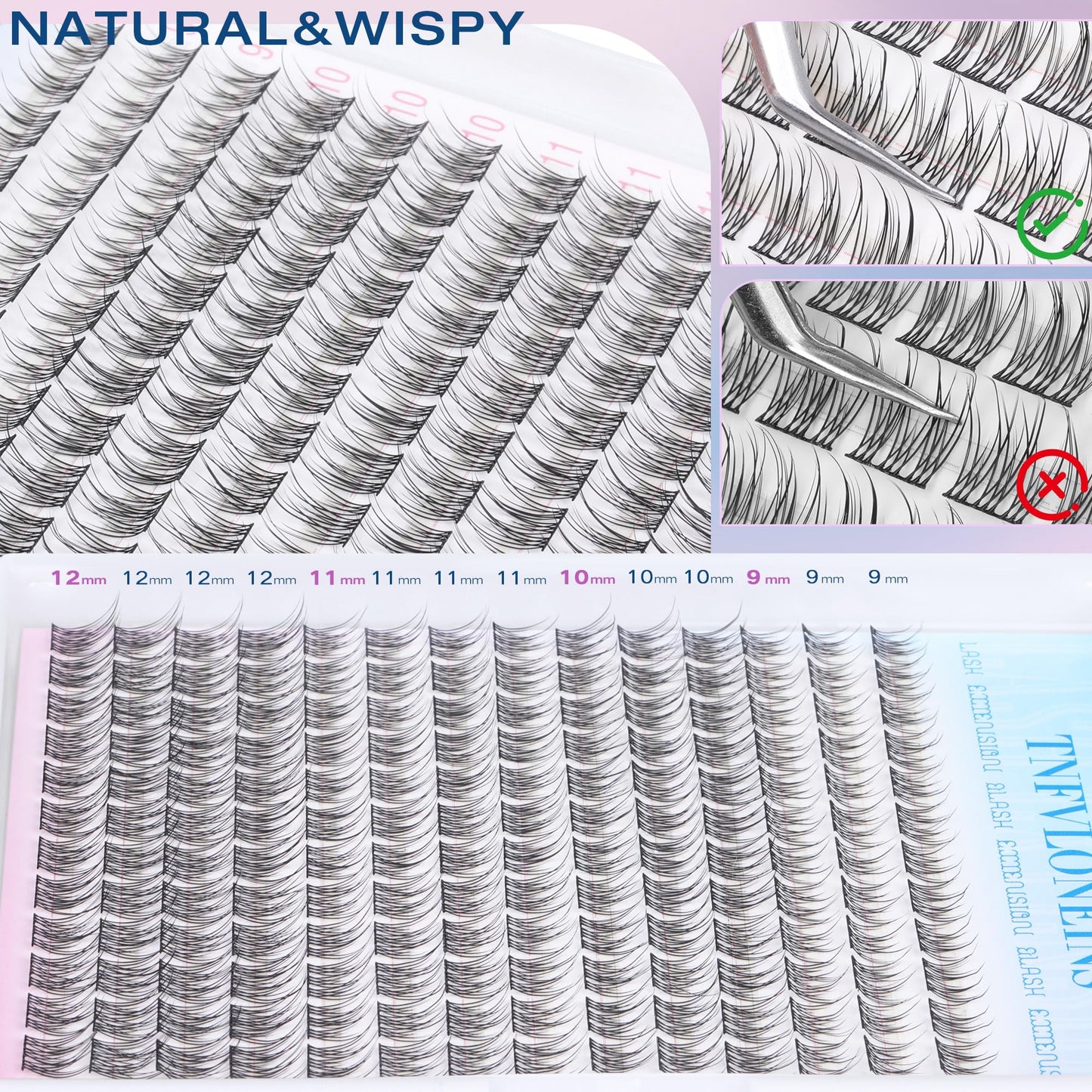 Natural Lash Extension Kit 168Pcs Lash Clusters Kit Wispy Eyelash Extensions 9-12MM Individual Lashes Extensions with Bond and Seal Lash Glue and Eyelash Extension Tweezers DIY at Home by TNFVLONEINS