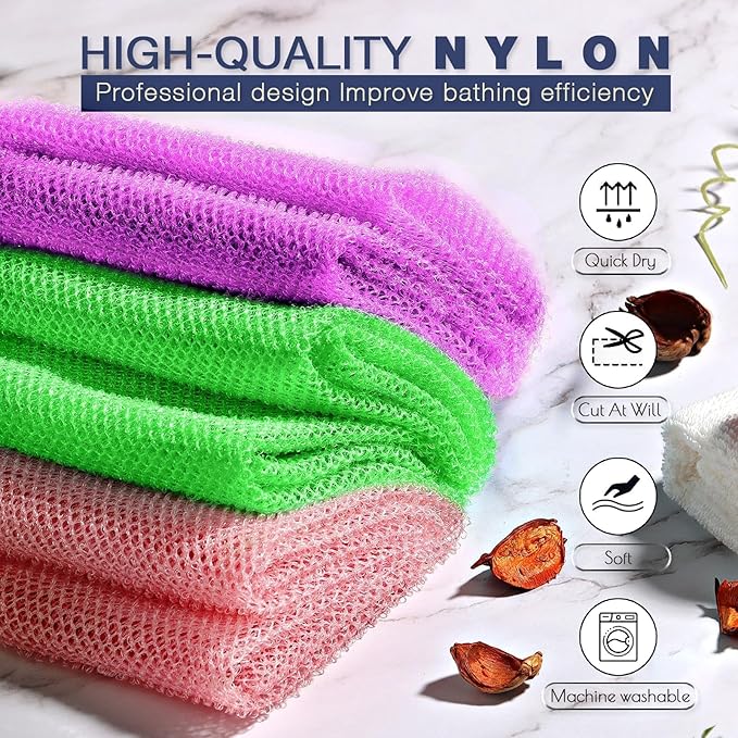 UJFQBH 3 Pieces African Bath Sponge African Net Long Net Bath Sponge Exfoliating Shower Body Scrubber Back Scrubber Skin Smoother,Great for Daily Use (PurpleÃ¯Â¼Â PinkÃ¯Â¼ÂGreen)