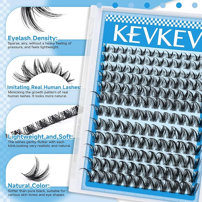 KEVKEV Lash Clusters Kit 144pcs Manga Lashes Clusters 8-18mm Lash Extension Kit Thin Band Eyelash Extension Kit Lash Clusters with Lash Bond and Seal Eyelash Clusters Kit DIY Lash At Home(Kit-K02)