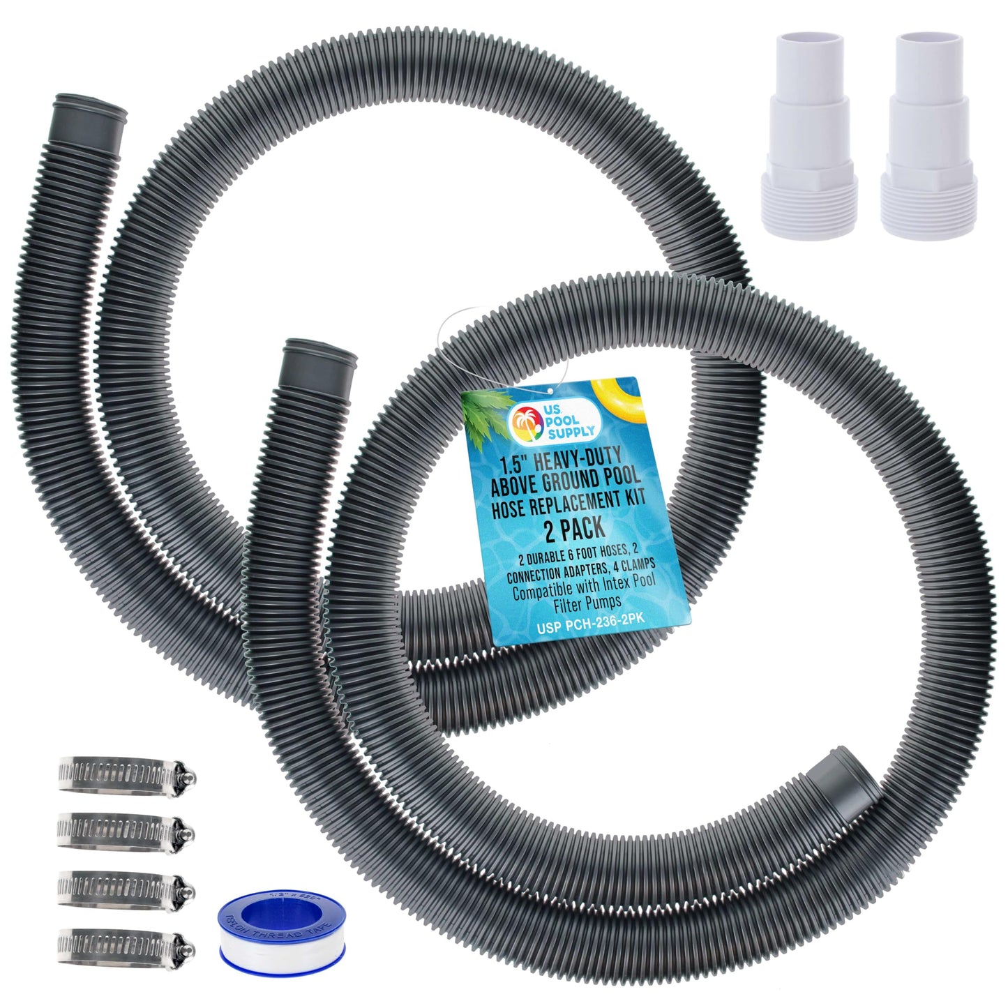 U.S. Pool Supply 1.5" Heavy-Duty Above Ground Pool Hose Replacement Kit - 2 Silver 6 Foot Hoses, 2 Connection Adapters, 4 Clamps - Compatible with Intex Filter Pumps