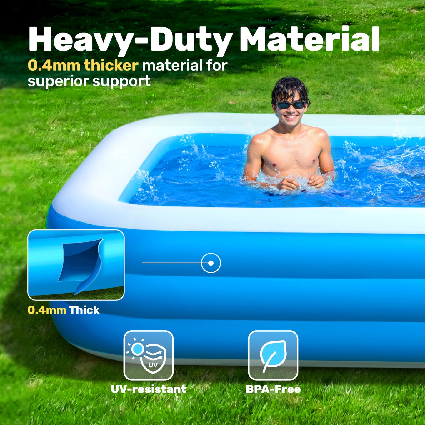 SLOOSH Inflatable Pool for Adults with Seats, 120" x 72" x 22" Full-Sized Blow Up Durable Thickened Above Ground Family Pool, Large Swimming Pools for Backyard Garden Lawn Summer Water Party, Blue