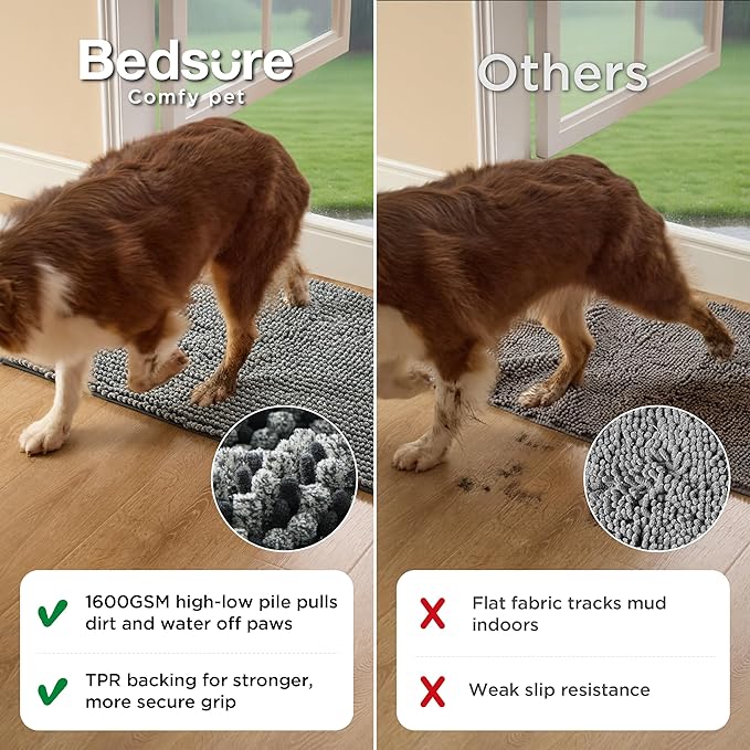 Bedsure Dog Door Mat for Muddy Paws, High-Low Absorbent Chenille Indoor Entrance Mud Dirt Trapper Soak-Stopper, Machine Washable Non-Slip Entryway Rug for Pets, 24"x16" Grey