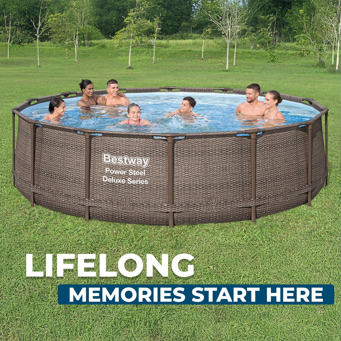 Bestway Power Steel 14’ x 42” Round Above Ground Outdoor Backyard Swimming Pool Set with 1,000 GPH Filter Pump, Ladder, and Pool Cover
