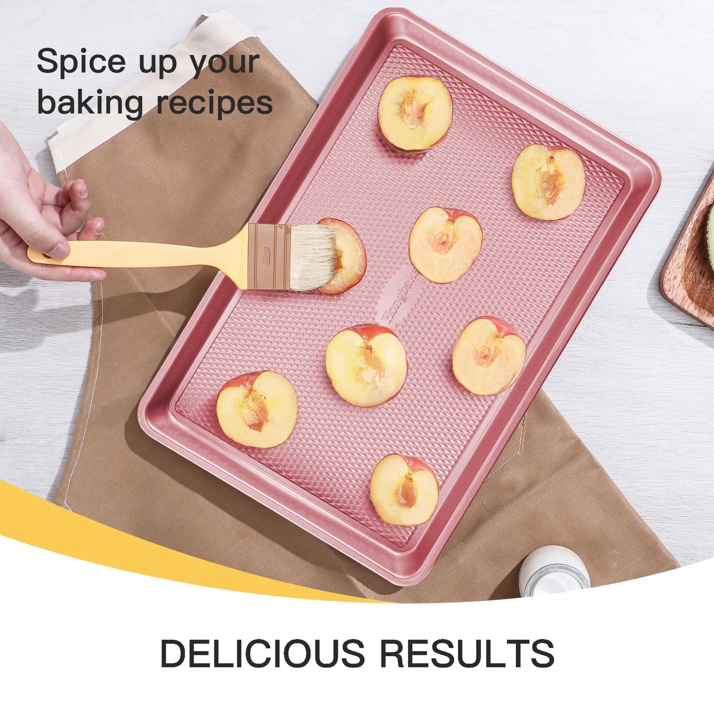 HONGBAKE Baking Sheet Pan Set, Cookie Sheets for Oven, Nonstick Half/Quarter/Jelly Roll Pans with Diamond Texture Pattern, Heavy Duty Cookie Tray, Pink