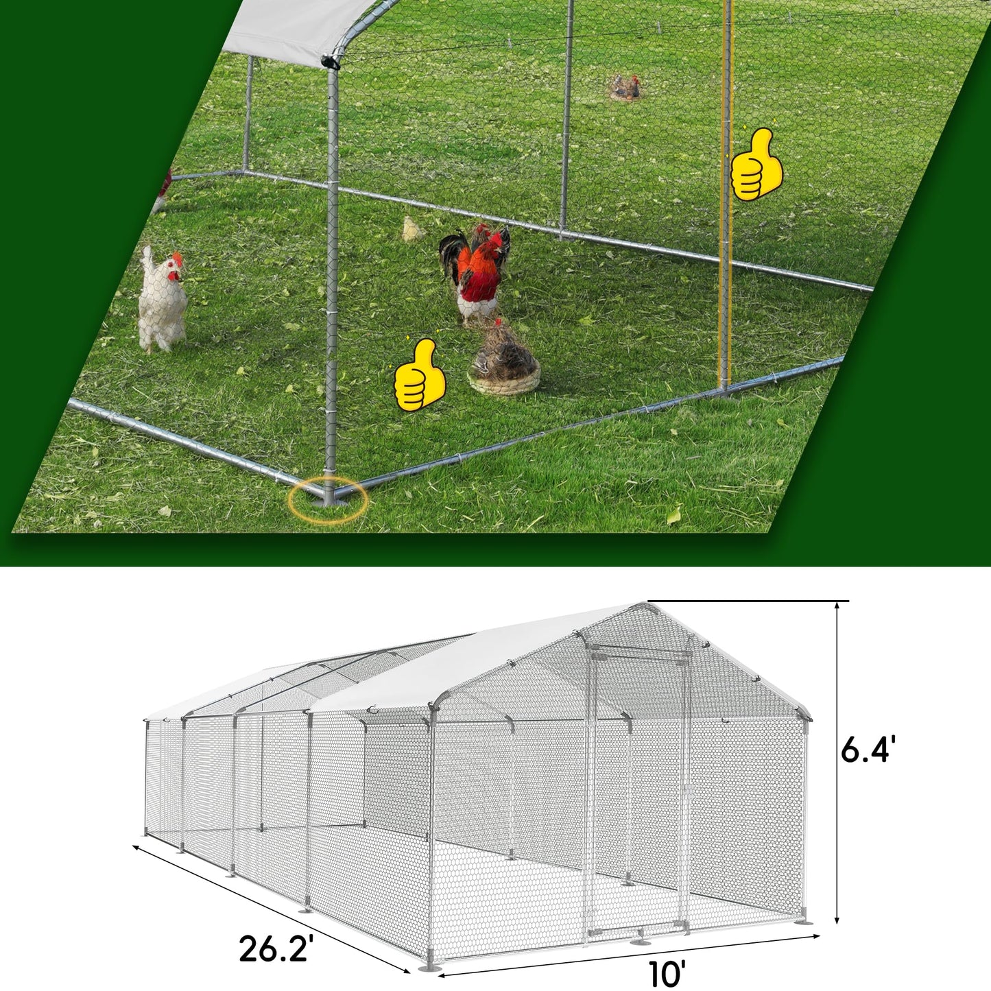 Large Metal Chicken Coop Round Top Upgrade Tri-Supporting Wire Mesh Chicken Run,Chicken Pen with Water-Resident and Anti-UV Cover,Duck Rabbit House Outdoor (Spire Roof 10’ W x 26.2’ L x 6.5’ H)