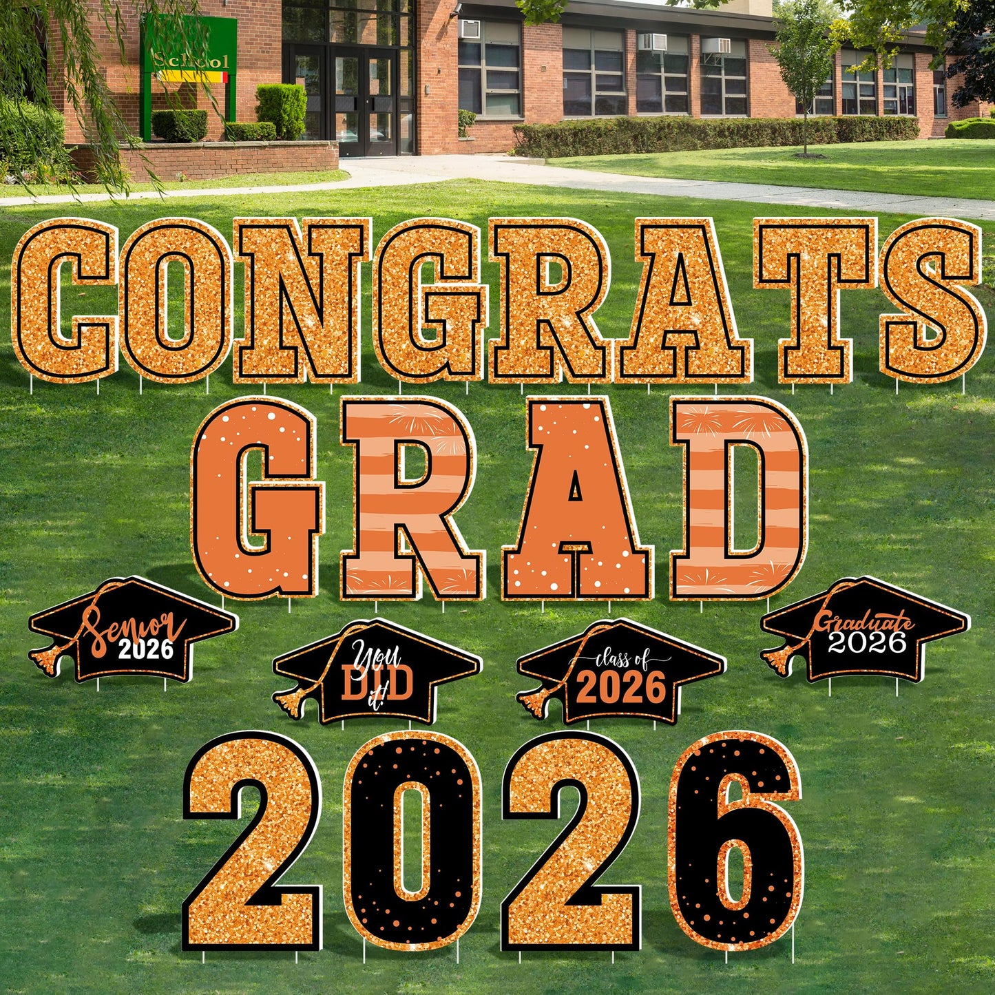 20 Pieces Graduation Yard Signs 2026, Class of 2026 Congrats Grad Yard Sign, Orange Congratulations Yard Signs with Stakes, Plastic Graduation Yard Decorations for College School GRAD Party Supplies