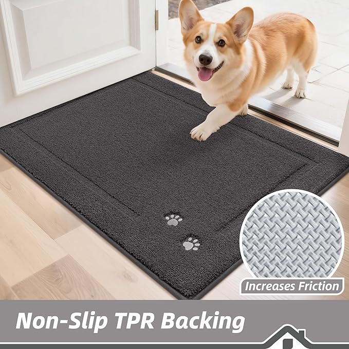 BEQHAUSE Dog Door Mat for Mud Paws Dirt Trapper Doormat Non-Slip Entryway Rugs Absorbent Welcome Mat Washable Indoor Floor Mat Low-Profile for Front Door, 32" x 48", Dark Grey