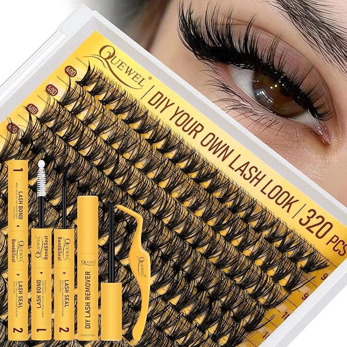 QUEWEL Lash Clusters Kit, 320 Pcs 40D Lash Cluster Eyelash Extensions 9-16mm Lash Clusters Wispy Kit with Eyelash Clusters Bond and Seal Glue Remover Tweezers (40D Kit)
