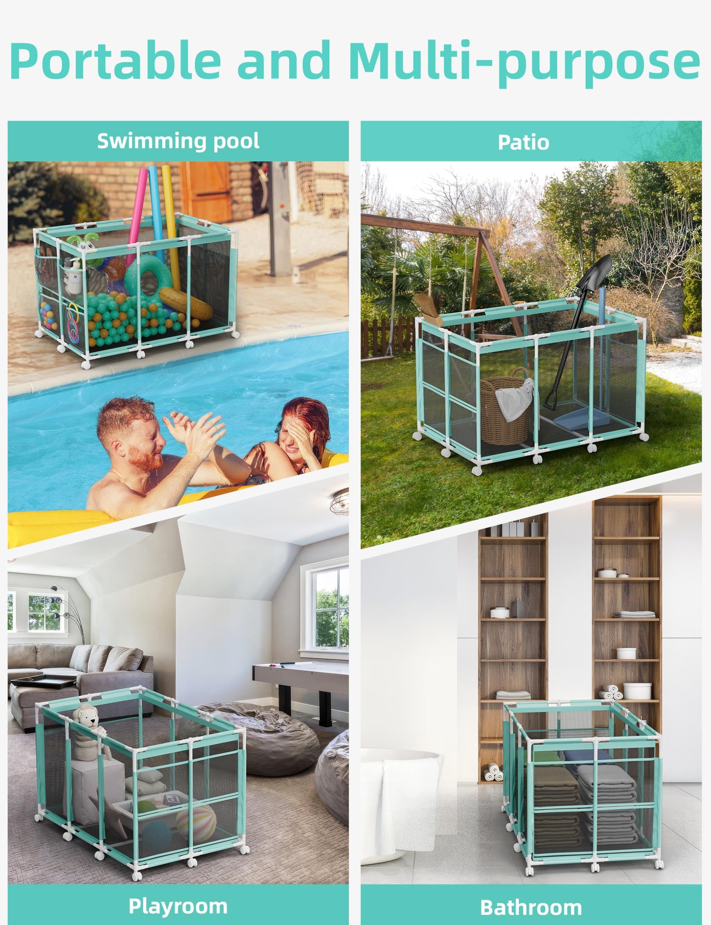 POOLHOUR Pool Float Storage – Outdoor Pool Toy Storage Organizer for Pool Noodles, Toys, Floats, Balls, and Equipment, Mesh Rolling Storage Organizer Bin, Cyan
