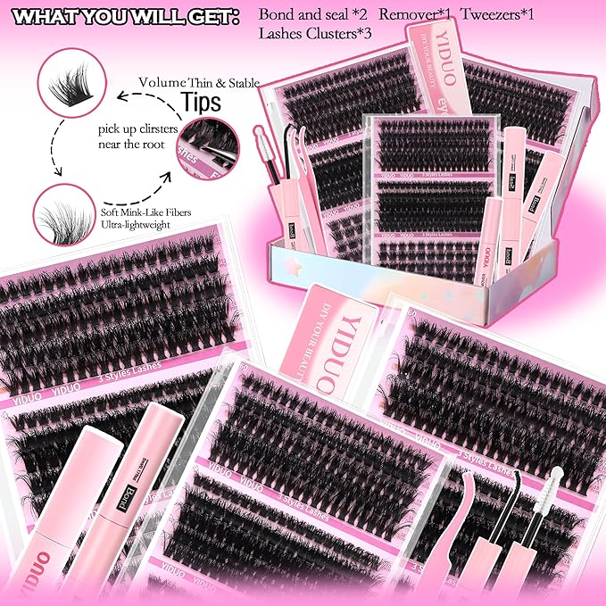 YIDUO Lash Clusters Kit with 2X Bond&Seal 770Pcs 5 style Thick Volume Clusters Lashes Extensions Kit Faux Mink Individual Wispy False Eyelashes Clusters Kit DIY at Home Easily