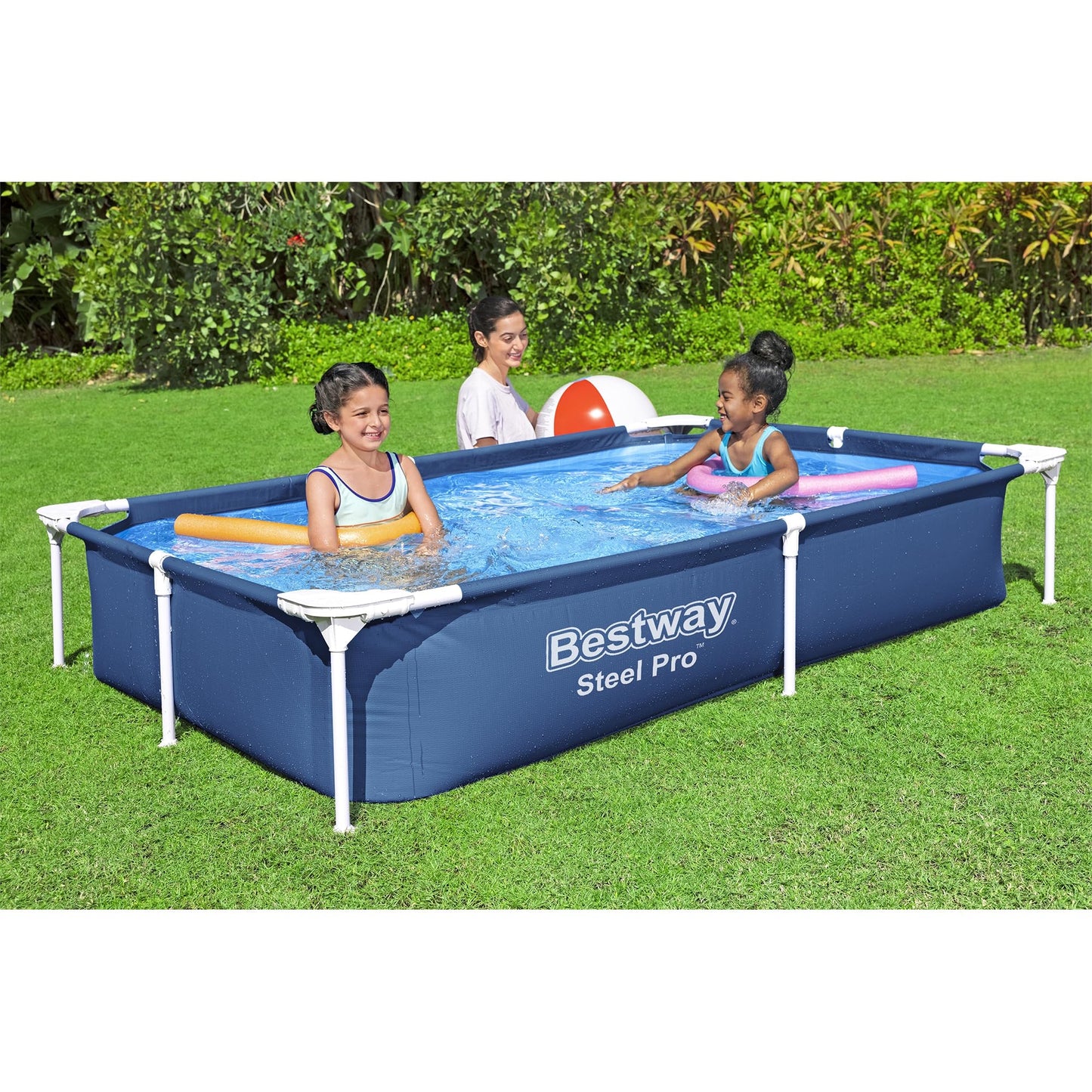 Bestway Steel Pro 87 Inch x 59 Inch x 17 Inch Rectangular Metal Frame Above Ground Outdoor Backyard Swimming Pool, Blue (Pool Only)