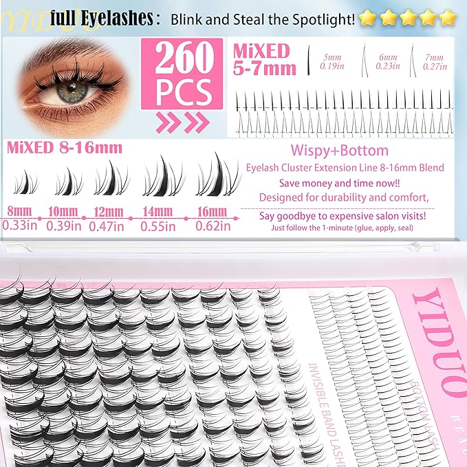 YIDUO 3 style Fairy lashes Clusters Kit with Bottom Clusters Lash Extensions 604Pcs 5-16mm Manga Extension False Eyelash Wispy Natural Wet-Look Lashes Extensions Combo Pack with Glue Removers