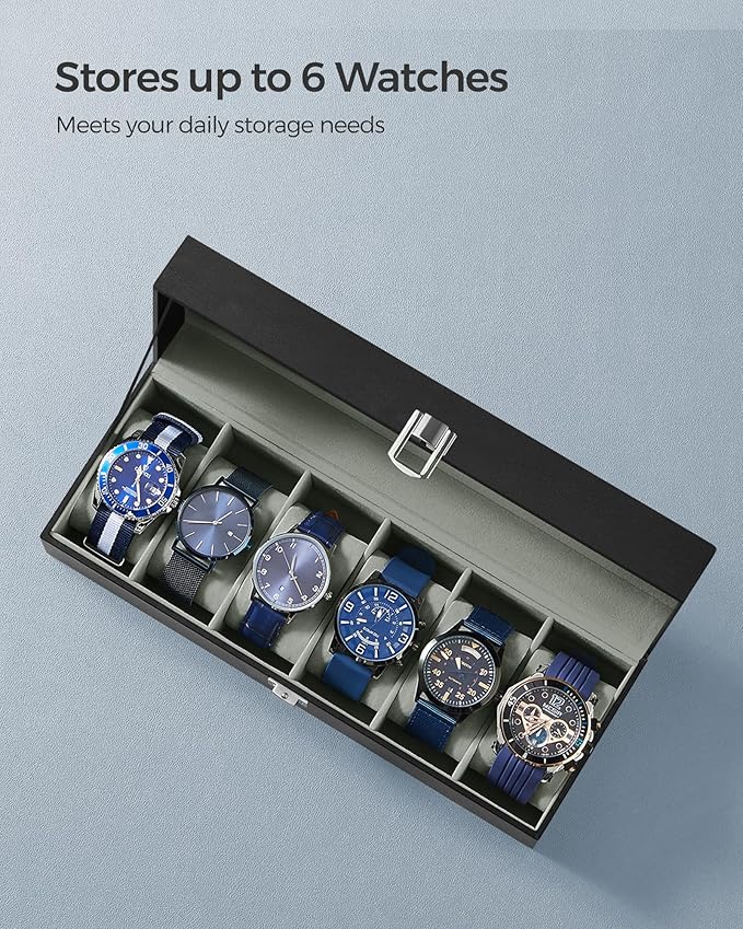 SONGMICS Watch Box, 6-Slot Watch Case Organizer with Large Glass Lid, Removable Pillows, Gift for Loved Ones, Black Synthetic Leather, Greenish Gray Lining UJWB06BK
