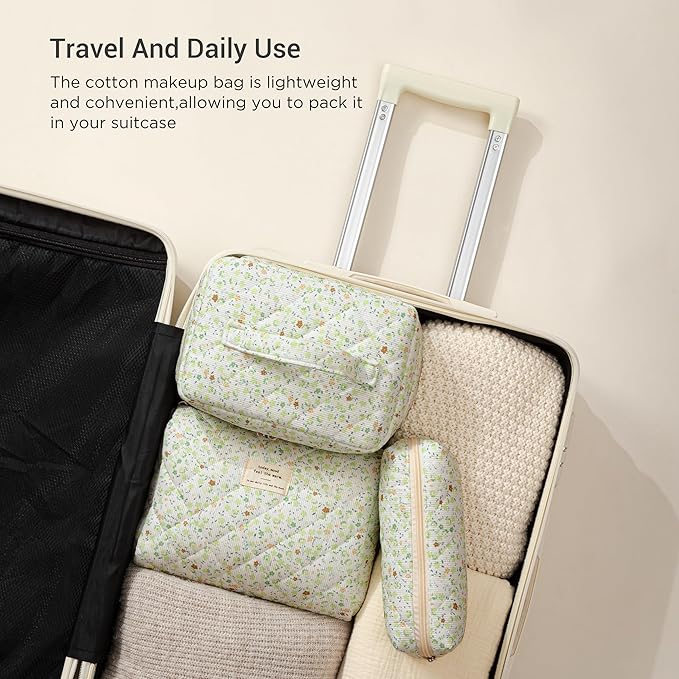 HBselect Quilted Makeup Bag, 3PCS Cotton Large Travel Makeup Bag, Cute Floral Coquette Make up Bag Cosmetic Bag Toiletry Bag for Women Girls