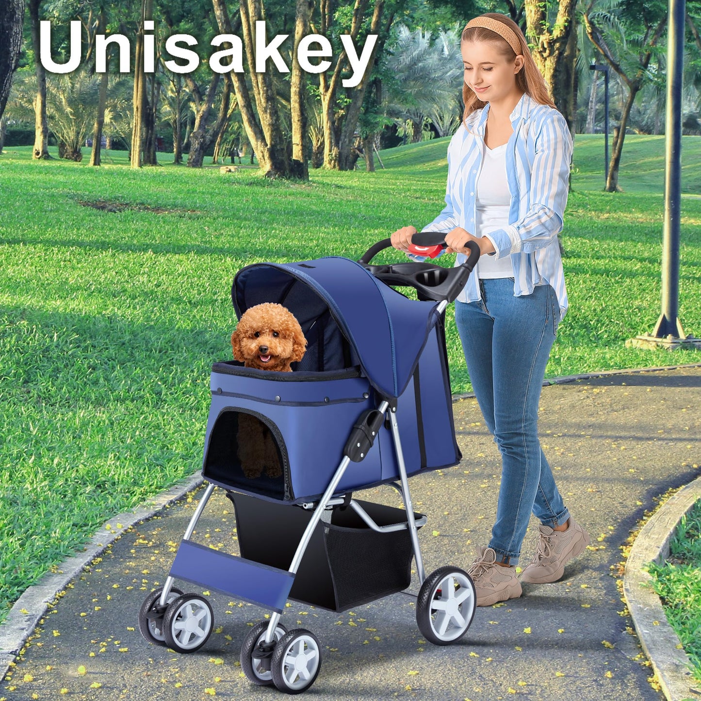 Unisakey 4 Wheels Pet Stroller for Small Medium Dogs Cats 10-33 lbs, Foldable Dog and Cat Stroller with Cup Holder & Storage Basket & Breathable Mesh, Pet Strolling Cart for All-Season, Navy Blue