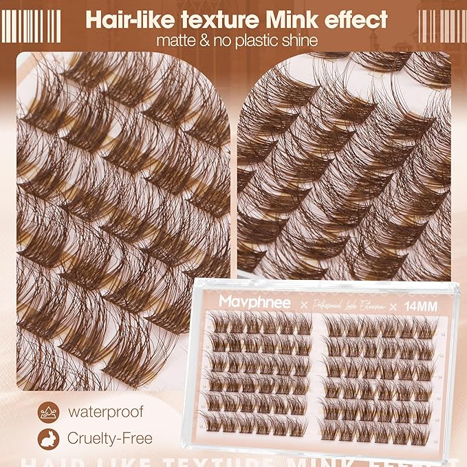 14MM Lash Clusters Brown Cluster Eyelash Extensions Natural Fluffy Individual Lashes C Curl Clear Band Cluster Lashes Reusable Wispy Dark Brown Lash Extensions For Full Glam