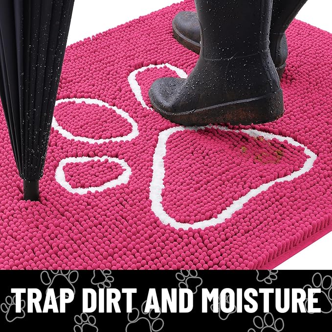 Smiry Dog Door Mat for Muddy Paws, Absorbent Dirt Trapper Non Slip Quick Dry Washable Chenille Mat for Mud Dogs, Entry Rug for Indoor and Outdoor (36x24 Inches, Hot Pink and White)