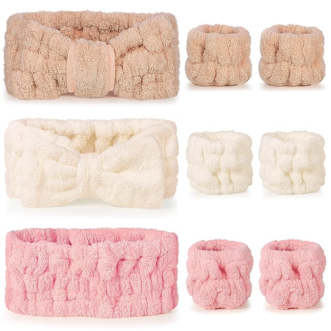 9 Pcs Spa Headband for Washing Face,Skincare Headband and Wristband Set,Women Teen Girls Facial Hairbands for Washing Face, Makeup, Sports, Yoga (apricot + pink + grey)