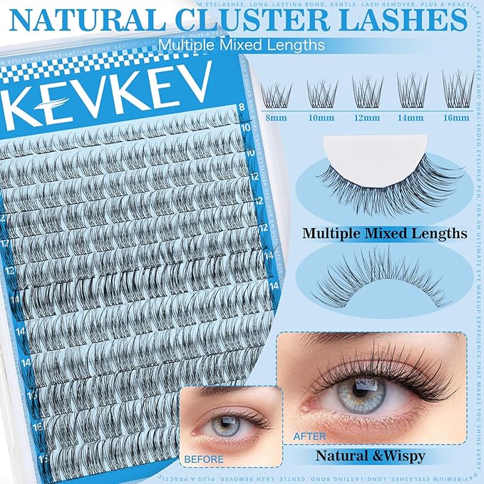KEVKEV Wispy Lash Clusters Ultra-Thin Band Natural Eyelash Clusters 8-16mm Soft Cluster Eyelash Extensions Mix Length Ultra-Light Natural Look Natural Lash Clusters DIY Lash At Home(Wispy03)