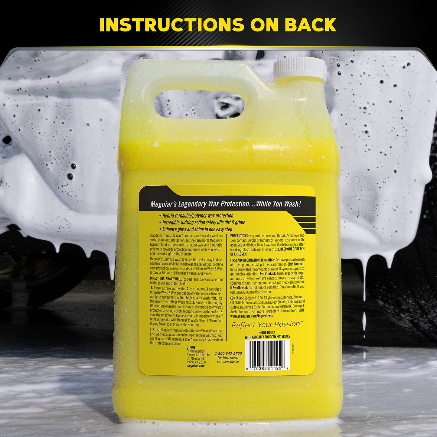 Meguiar's Ultimate Wash and Wax, Car Wash Soap and Wax Cleans & Shines in One Step, Shine & Protect with an Enhanced pH Balanced Car Paint Cleaner, 1 Gallon