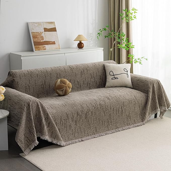 MYSKY HOME Boho Couch Cover Sand Sofa Covers Washable, Farmhouse Sofa Slipcover Simple Couch Protector for Dogs Chenille Sectional Couch Covers L Shaped Couch Cushion Covers, 91"x 134"