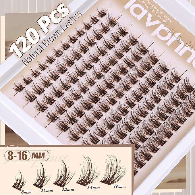 Brown Lash Clutsers Kit Wispy Eyelash Clusters Natural Lashes Extension Kit Dark Brown Individual Eyelashes with Lash Bond and Seal Kit 8-16MM DIY Lash Kit 120 Pcs Cluster Eyelash Extensions Kit